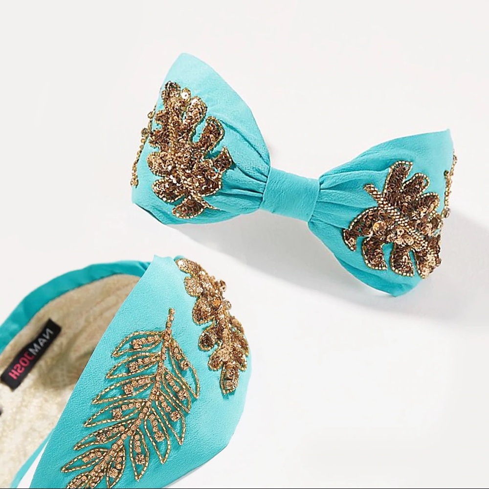 Namjosh turquoise & gold embellished leaf headband